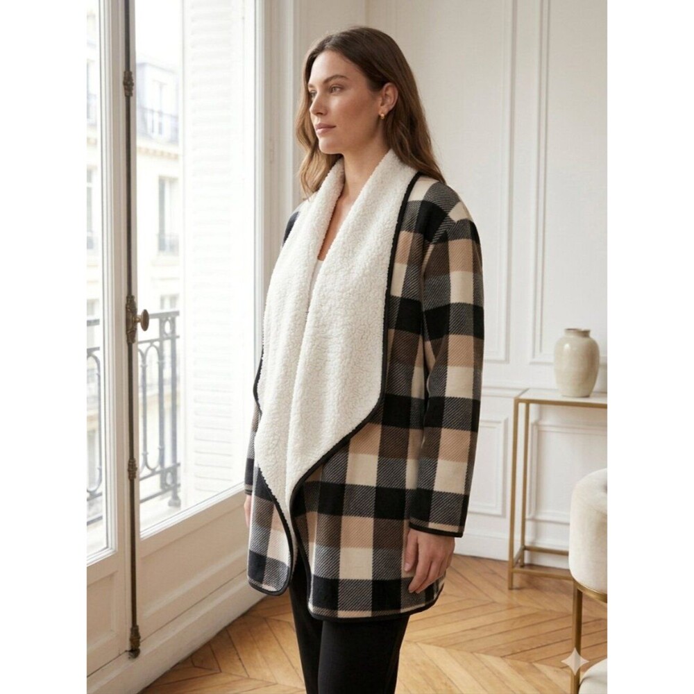 Sabrina Lauren Tan Plaid Sherpa Drape Cardigan Size 2X